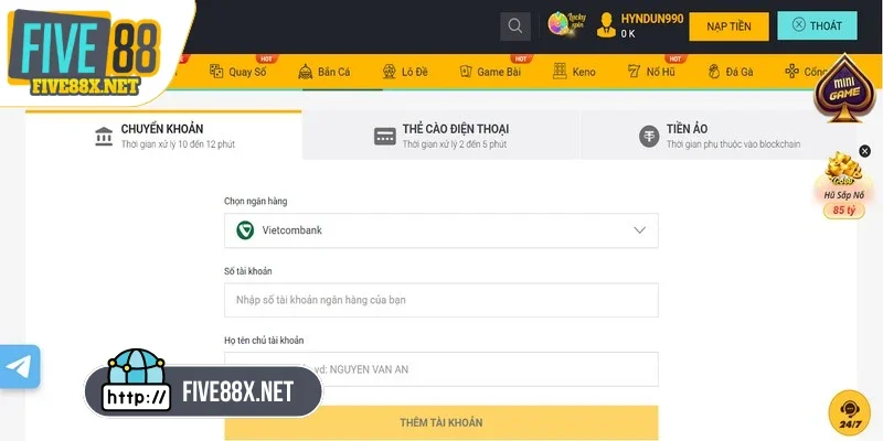 Liên kết tài khoản ngân hàng hợp lệ là điều cần thiết khi bạn rút tiền Five88